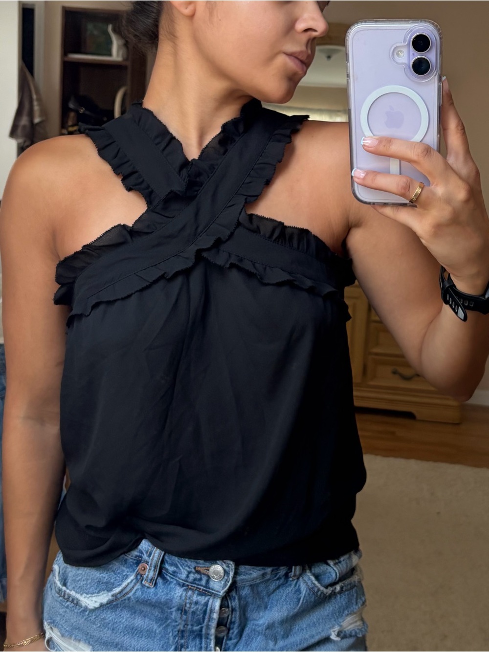 J. Crew Black Ruffled Cross-Strap Camisole